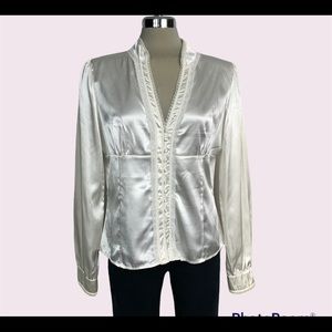 Le Chateau Ivory Romantic Satin detailed with Lace and beaded trim blouse S…